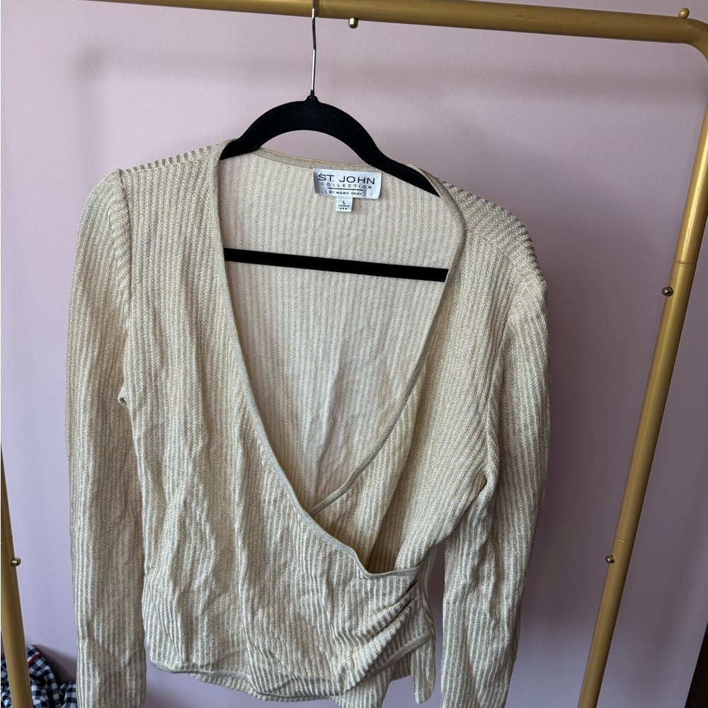 St. John Cream Ribbed V-Neck Wrap Sweater
